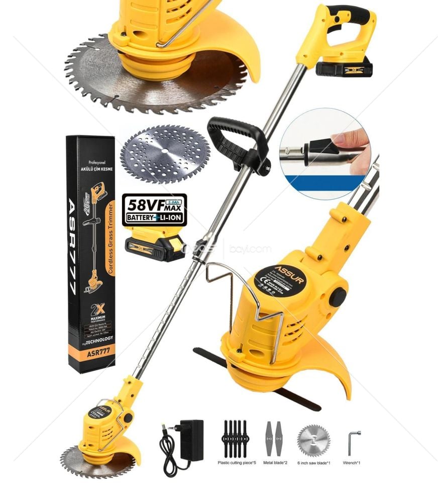 Assur Şarjlı Turbo Çim Çalı Ot Biçme Tırpanı Teleskopik Uzatma Kolu Sarı