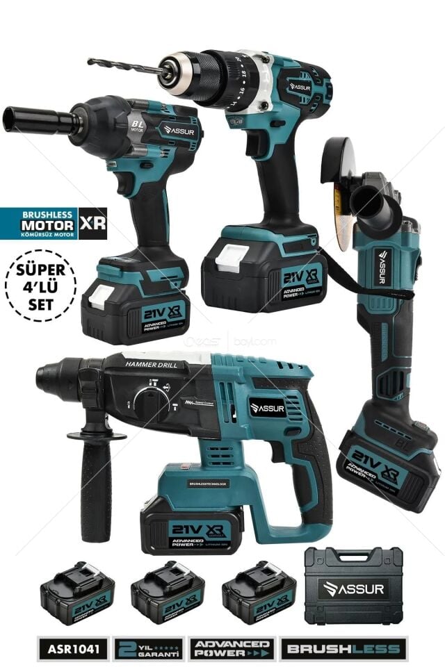 ASSUR 4 Lü Set 800N Şarjlı Kömürsüz Motor Matkap Vidalama-kırıcı Delici Hılti-taşlama-800Nsomun Sökme Makines