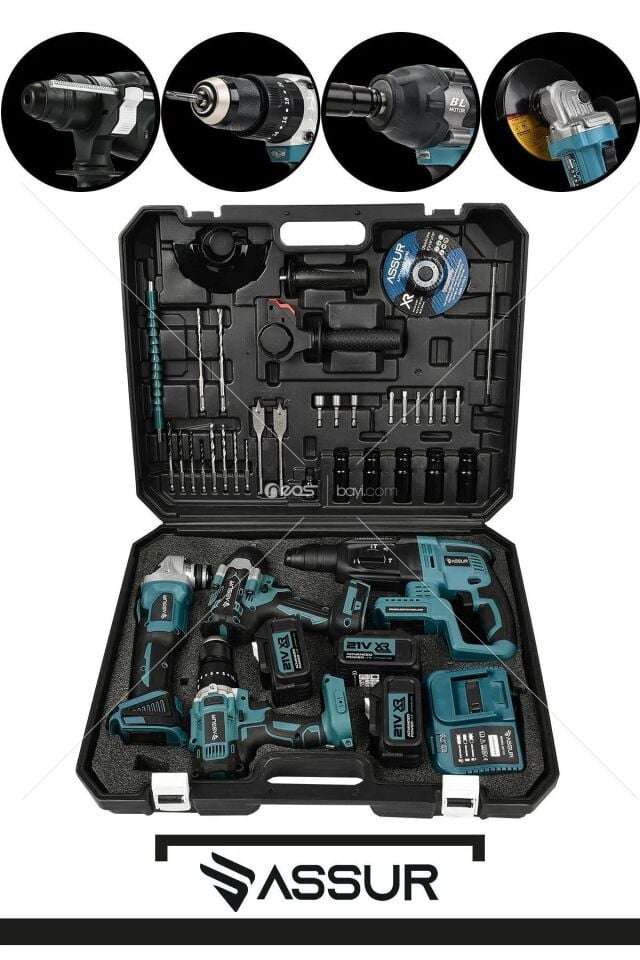 ASSUR 4 Lü Set 800N Şarjlı Kömürsüz Motor Matkap Vidalama-kırıcı Delici Hılti-taşlama-800Nsomun Sökme Makines