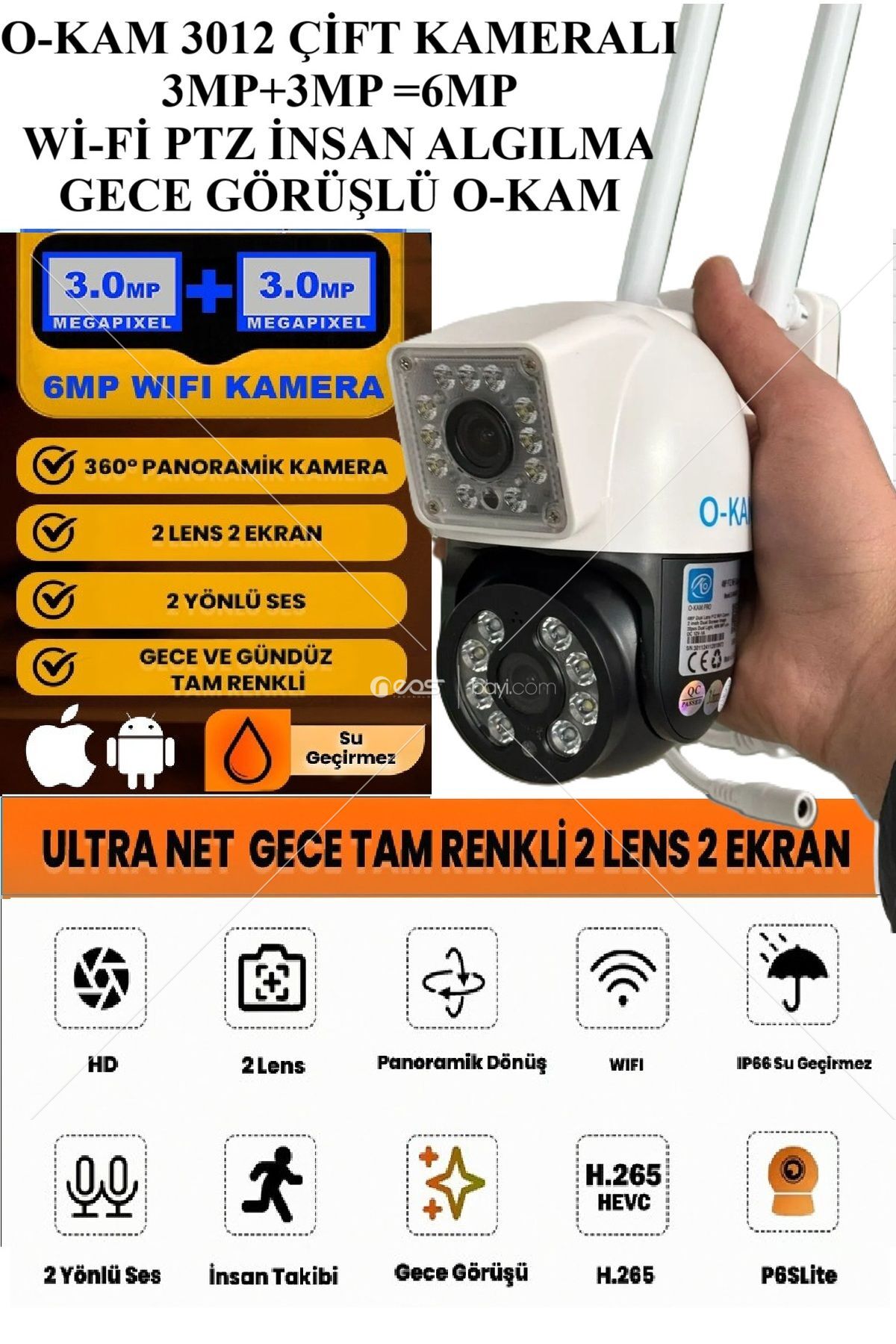 O-KAM 3012 6MP 3MP+3MP Çift Lens Wi-Fi PTZ Kamera | Renkli Gece Görüşü | Hareket Takibi |2 Yönlü Ses