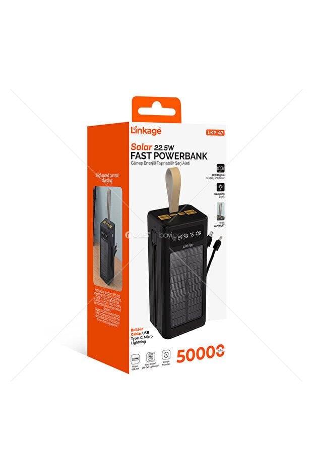 Linkage LKP-47 50000mAh Solar Powerbank | Güneş Enerjili Taşınabilir Şarj Aleti | LCD Ekranlı, Çoklu