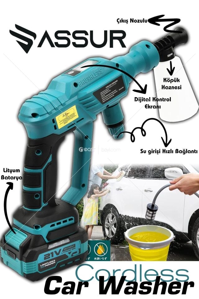 Assur 21V Kömürsüz Motor Yüksek Basınçlı Akülü Oto Araba Yıkama Makinesi Şarjlı