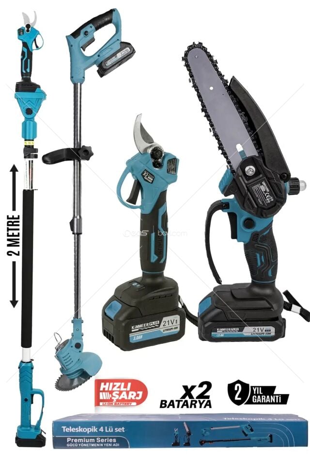 KİMMEER PLUS Profesyonel 4’Lü Set Şarjlı Makas Testere Tırpan Ve Teleskopik Uzatma 2 Metre