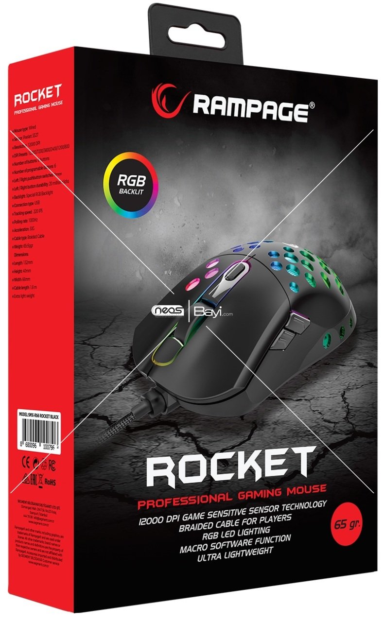 Rampage SMX-R66 ROCKET Ultra Hafif Siyah RGB Ledli 12000dpi Gaming Oyuncu Mouse