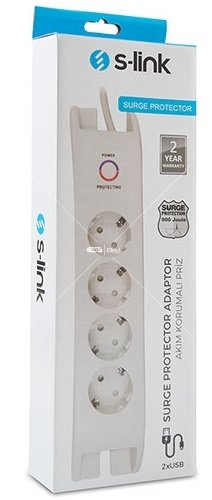 S-link SPG3041 2m 2xUSB=2.4a 3G1.5mm2 900 Joule 4lü Akım Korumalı Beyaz Priz