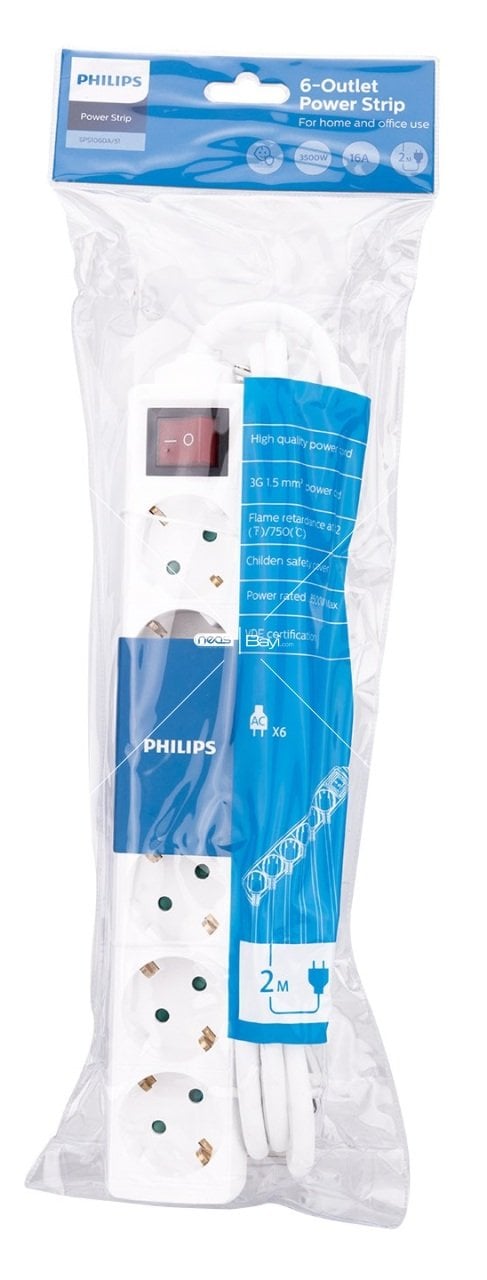 Philips SPS1060A/51 2m Tam Bakır kablolu 6lı Çocuk Korumalı Beyaz Priz Çoklayıcı