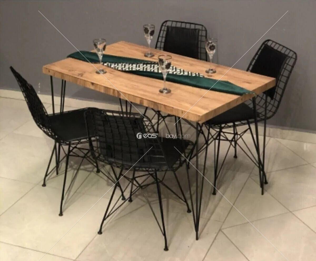 AHŞAP Yemek Masası Mutfak Masa 4 Kişilik Tel Sandalye Yeni Model Sandalye 60/120