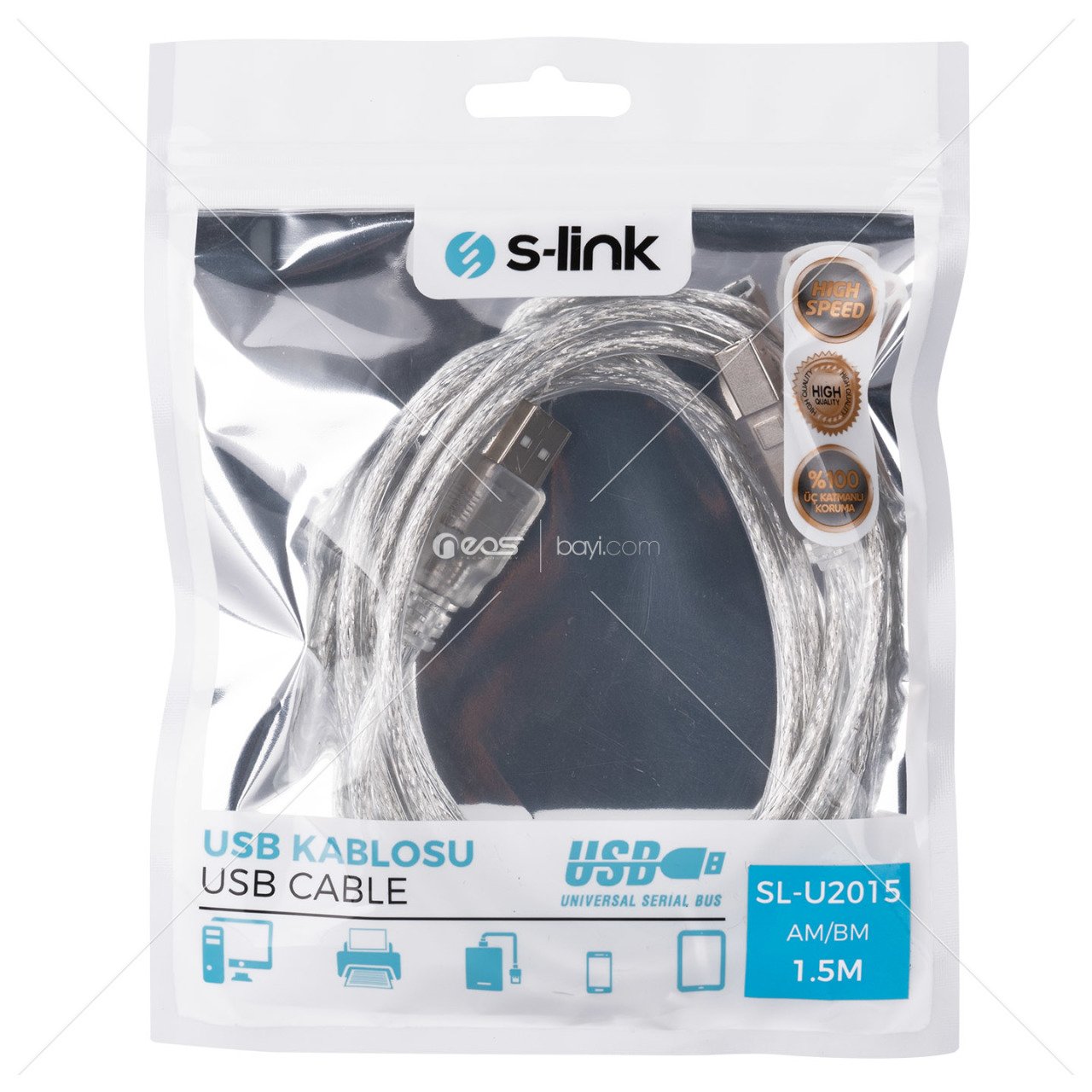 S-link SL-U2015 Usb2.0 1.5m Şeffaf Yazıcı Kablosu