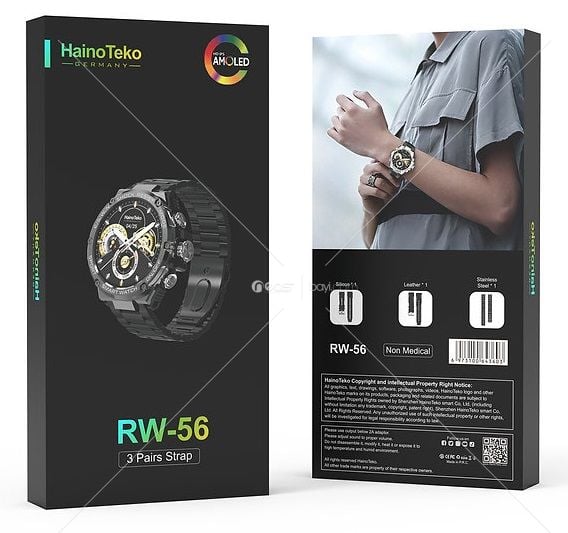 Haino Teko Almanya RW56 Yuvarlak Şekil AMOLED Ekranlı Akıllı Saat 3 Çift Kayış ve Kablosuz Şarj Cihazı ile Erkekler ve Çocuklar İçin Tasarlanmış