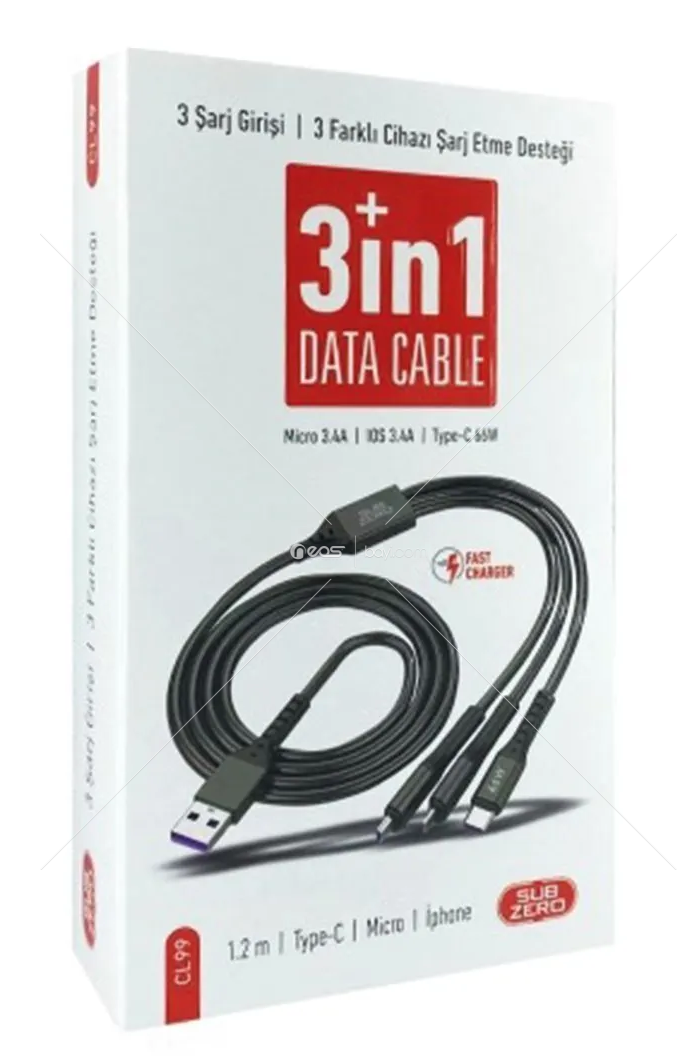 Subzero Iphone, Micro ve Type-C Uyumlu Hızlı Şarj ve Data Kablosu 3in1 66w