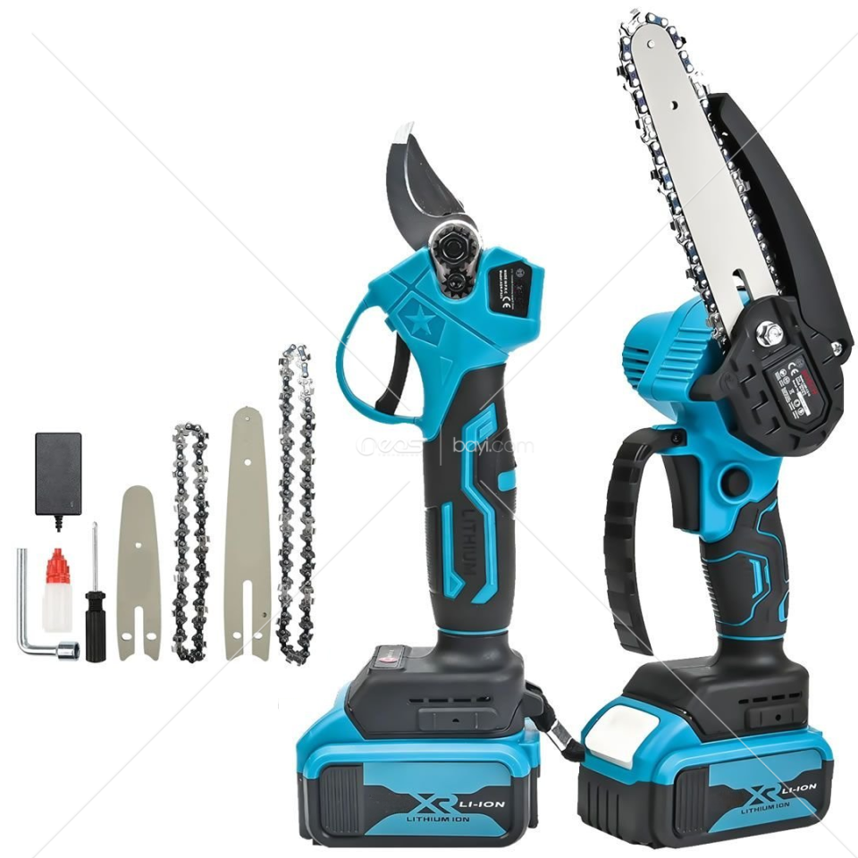 BUDAMA MAKAS+TESTERE Uzun ve KISA PALA DEVİR KADEME AYARLI BUDAMA MAKAS 10PİLLİ ÇİFT BATARYA YEDEK PALA VE ZİNCİR ASSUR