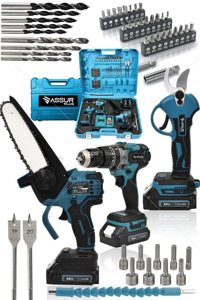 ASSUR PLUS 3 Lü Set Kömürsüz Motor Çift Akülü Şarjlı Matkap Şarjlı Budama Testeresi Şarjlı Budama Mavi