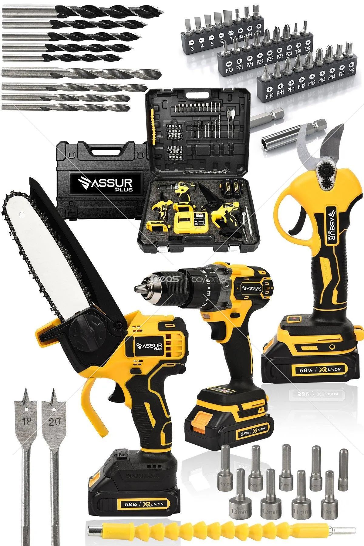 ASSUR PLUS 3 Lü Set Kömürsüz Motor Çift Akülü Şarjlı Matkap Şarjlı Budama Testeresi Şarjlı Budama SARI