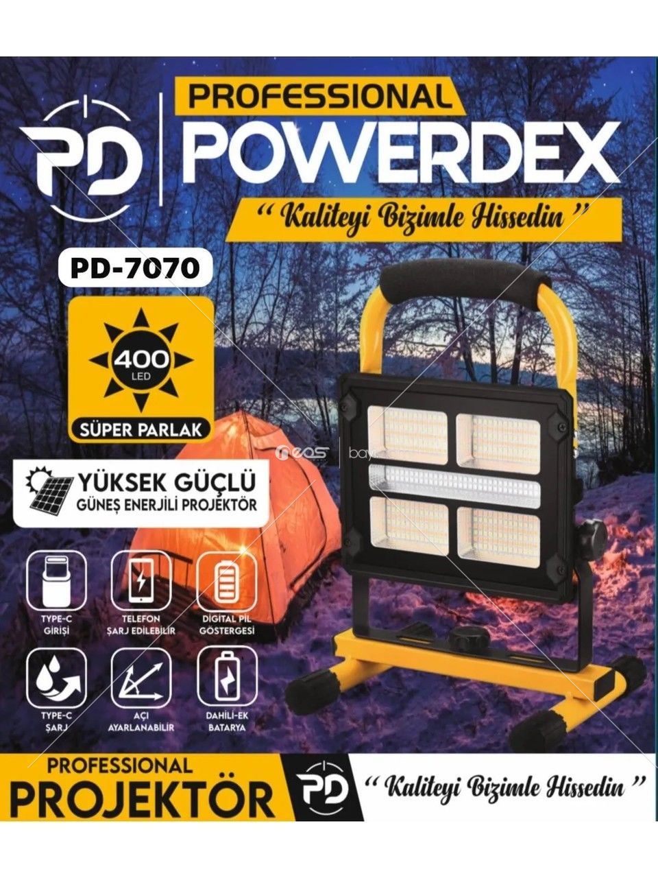 Powerdex PD-7070PRO 400 LED Profesyonel Çakar Işıklı Güneş Enerjili Projektör