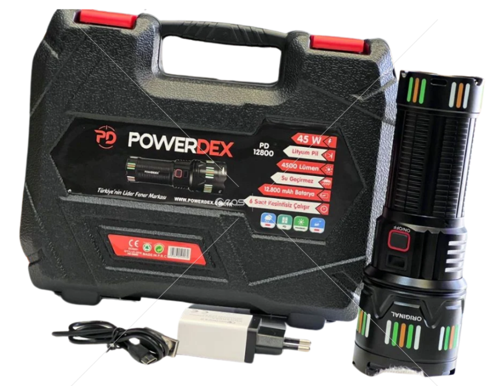 Powerdex Pd-12800 Su Geçirmez 45 Watt 4500 Lümen Süper Güçlü Led Profesyonel Şarjlı El Feneri Siyah