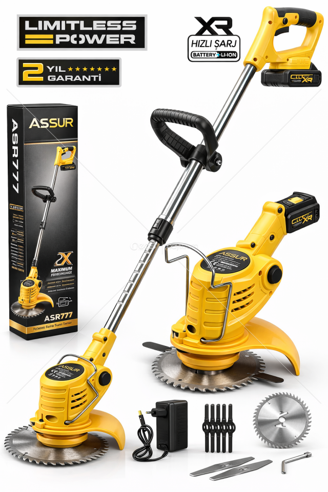 Assur Şarjlı Turbo Çim Çalı Ot Biçme Tırpanı Teleskopik Uzatma Kolu Sarı