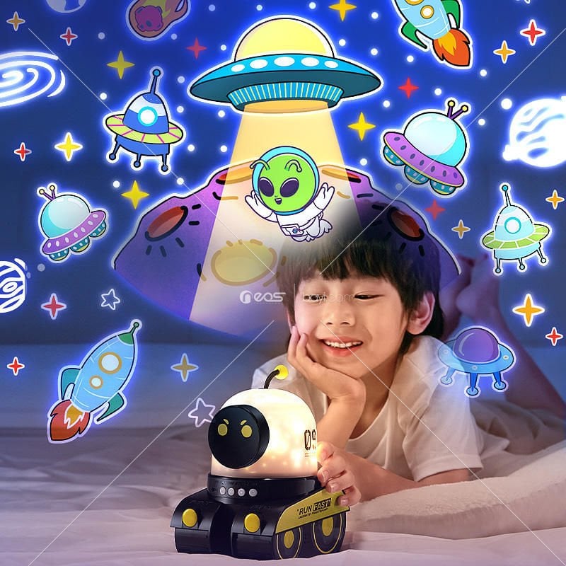ROBOT Çocuklar hediye taşınabilir şarj edilebilir projektör gece lambası 360 derece döner BT hoparlör başucu romantik müzik uyku projeksiyon lambası(Kopya)