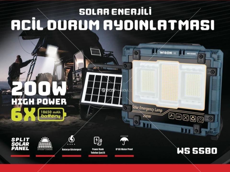 WİSİON WS-5580 ACİL DURUM AYDINLATMASI 200W 6X BATTERY SOLAR ENERJİLİ