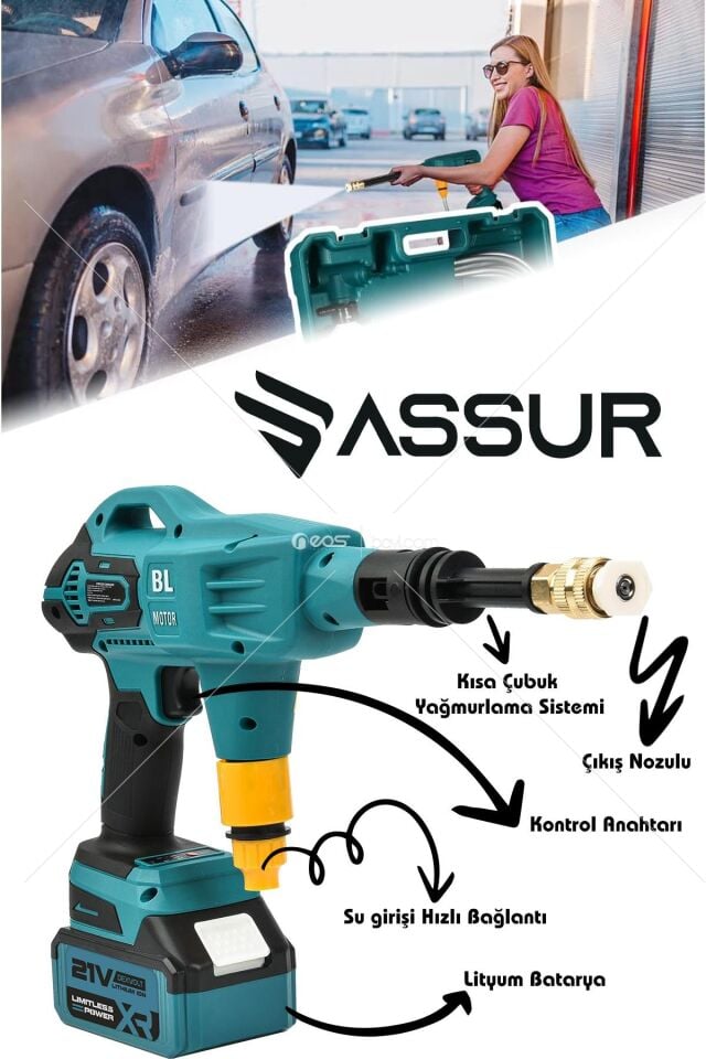 Assur 21V Kömürsüz Motor Yüksek Basınçlı Akülü Oto Araba Yıkama Makinesi Şarjlı