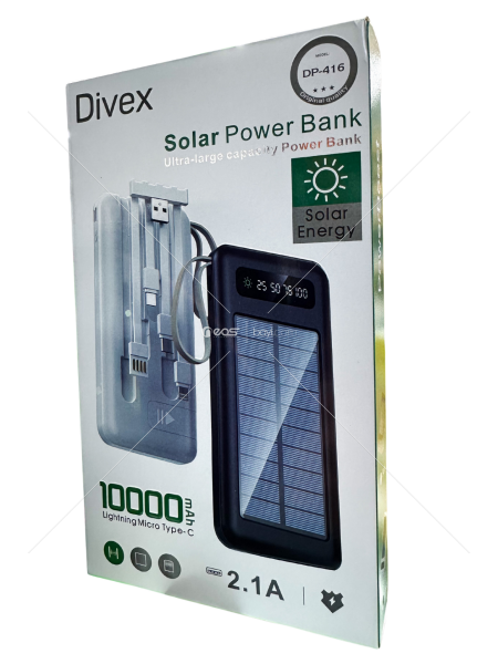 DİVEX DP-416 10.000mAh 2.1a polimer batarya Saniye gösteren dijital GÜNEŞ ENERJİLİ 2 Micro, Lightning ve Type-c Kablolu