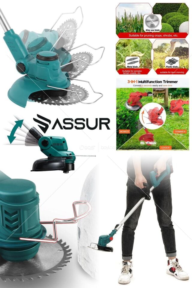Assur 21V Çift Akü Uzatma Kollu Çalı Ot Çim Biçme Şarjlı Tırpan (RENKSARI)