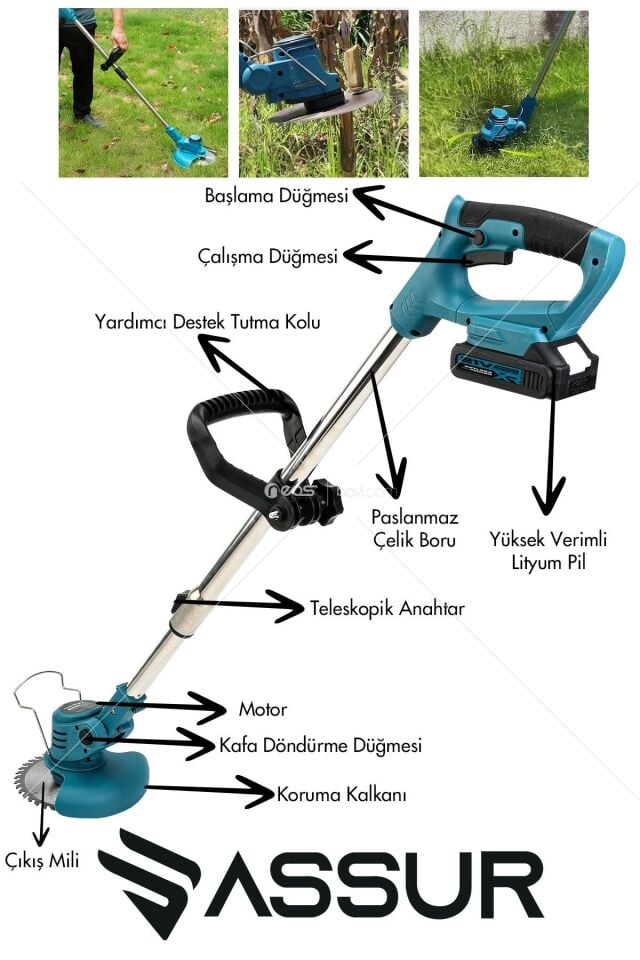 Assur 21V Çift Akü Uzatma Kollu Çalı Ot Çim Biçme Şarjlı Tırpan (RENKSARI)