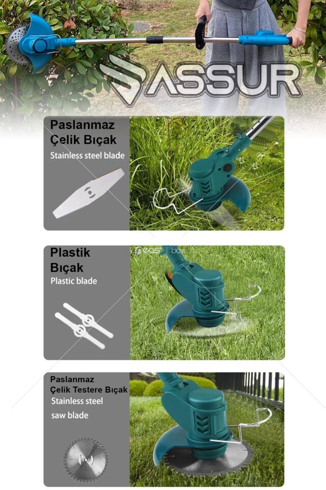 Assur 21V Çift Akü Uzatma Kollu Çalı Ot Çim Biçme Şarjlı Tırpan (RENKSARI)