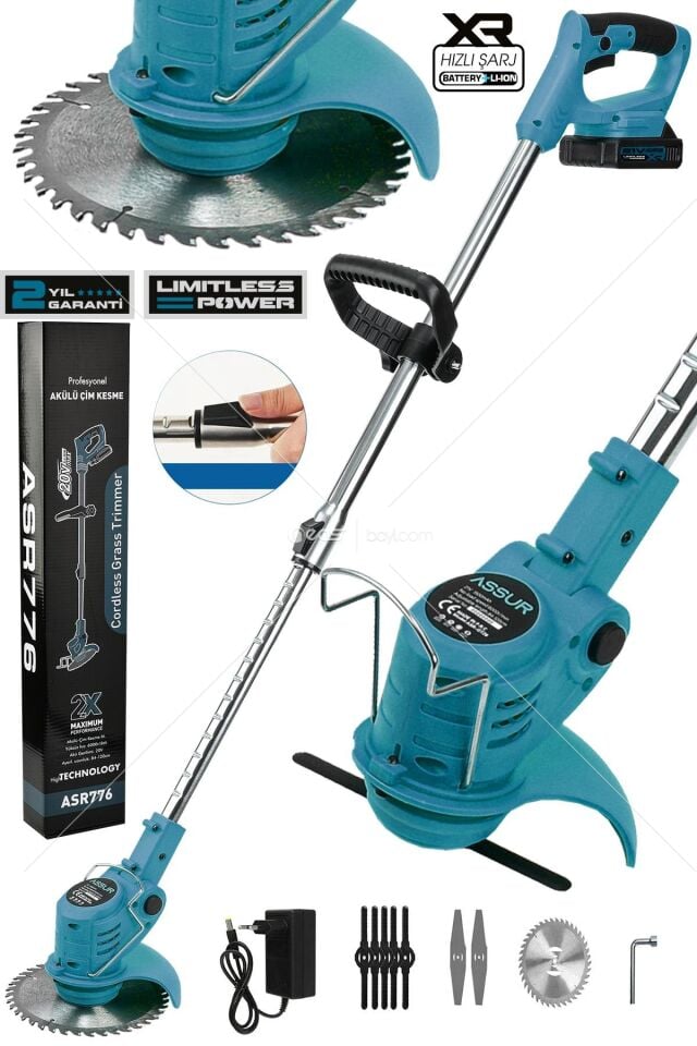 Assur 21V Çift Akü Uzatma Kollu Çalı Ot Çim Biçme Şarjlı Tırpan (RENKSARI)