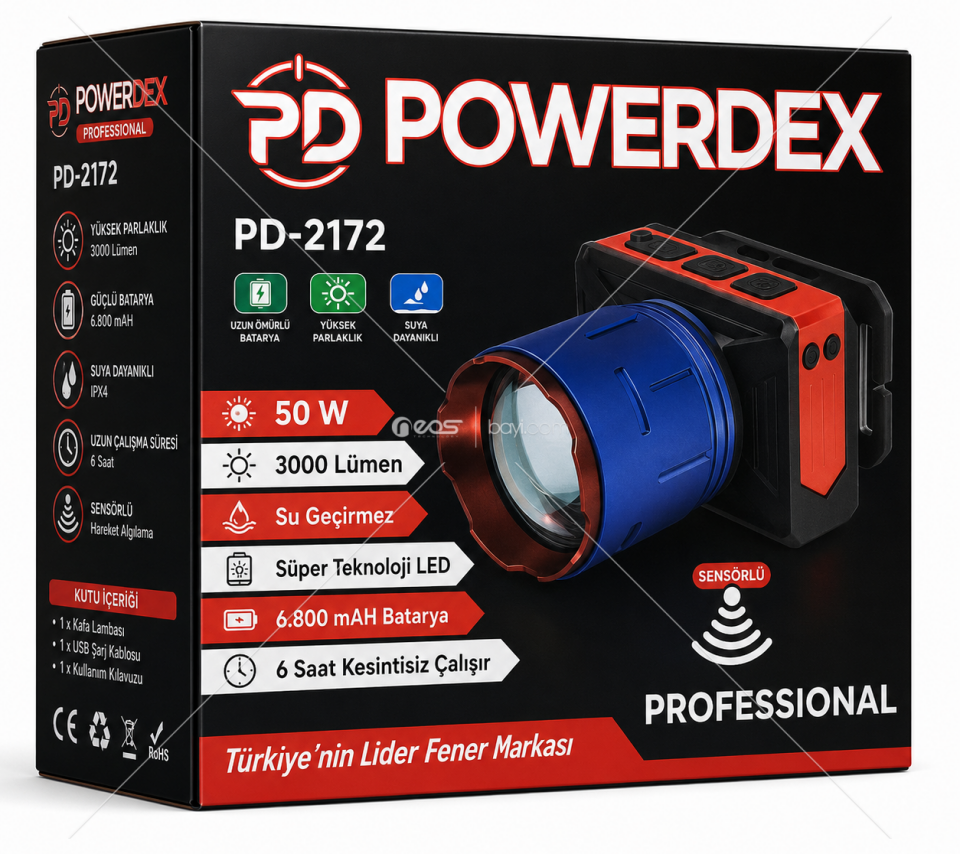Powerdex PD-2172 Sensörlü Profesyonel Kafa Lambası 3000 Lümen