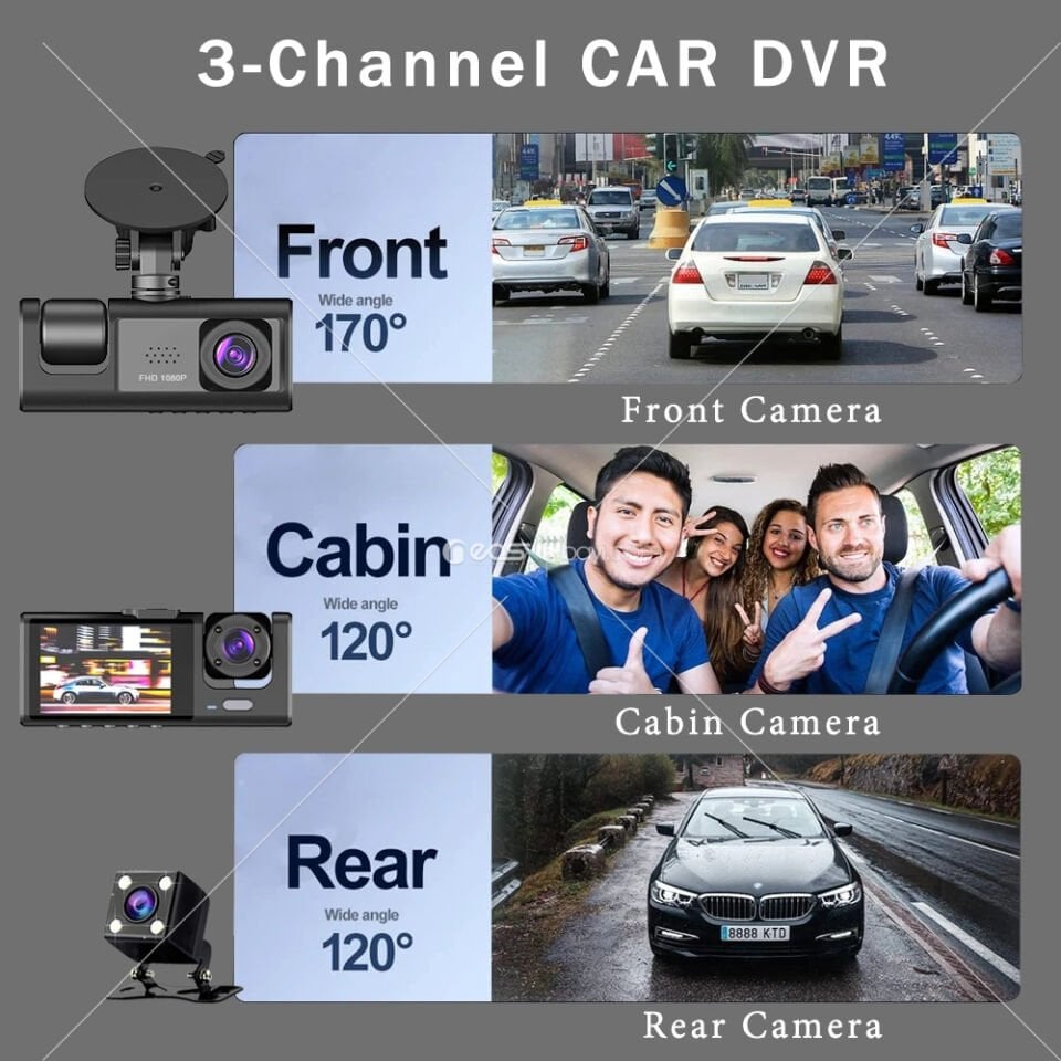 ŞARJZLI Araç İçi Kamera 3 Kameralı (Yol + Araç İçi+ Arka) FHD Video Kayıt Mikrofonlu Türkçe