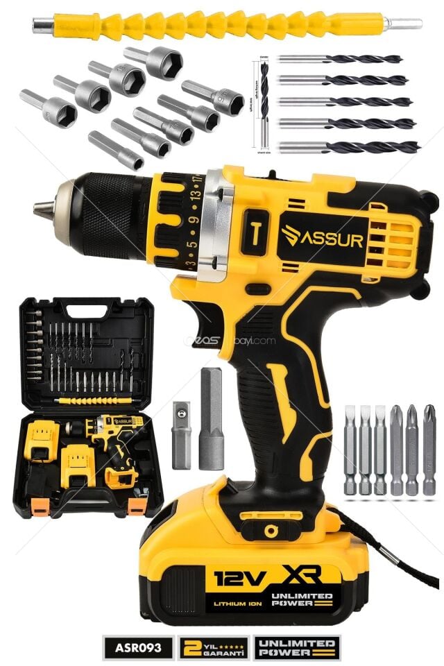 Assur 12V Çift Akü Şarjlı Matkap Metal Şanzıman Bakır Sargılı Akülü Vidalama