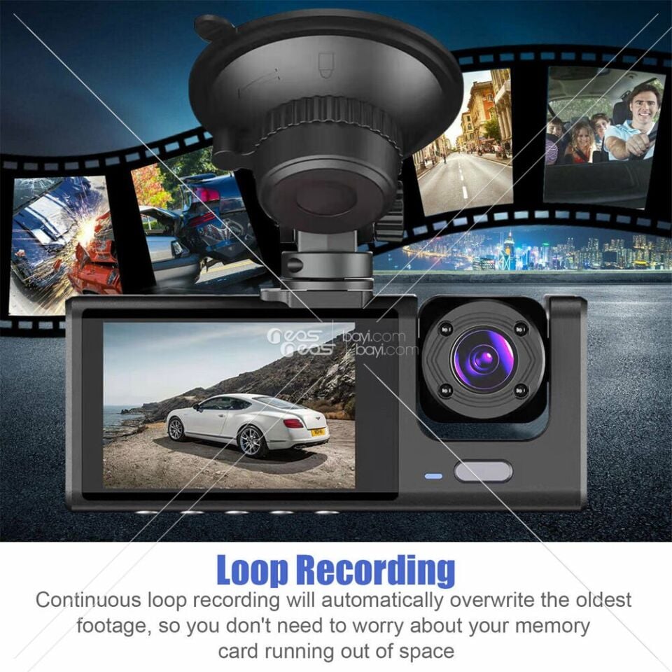 WİFİ ŞARJZLI Araç İçi Kamera 3 Kameralı (Yol + Araç İçi+ Arka) FHD Video Kayıt Mikrofonlu Türkçe