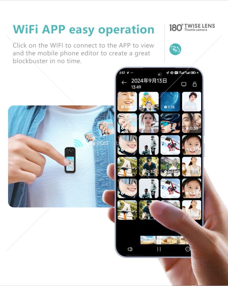 Manyetik başparmak eylem kamera 180 ° rotasyon Video 2.7K HD Video 1.47 HD ekran 35g Ultra hafif taşınabilir