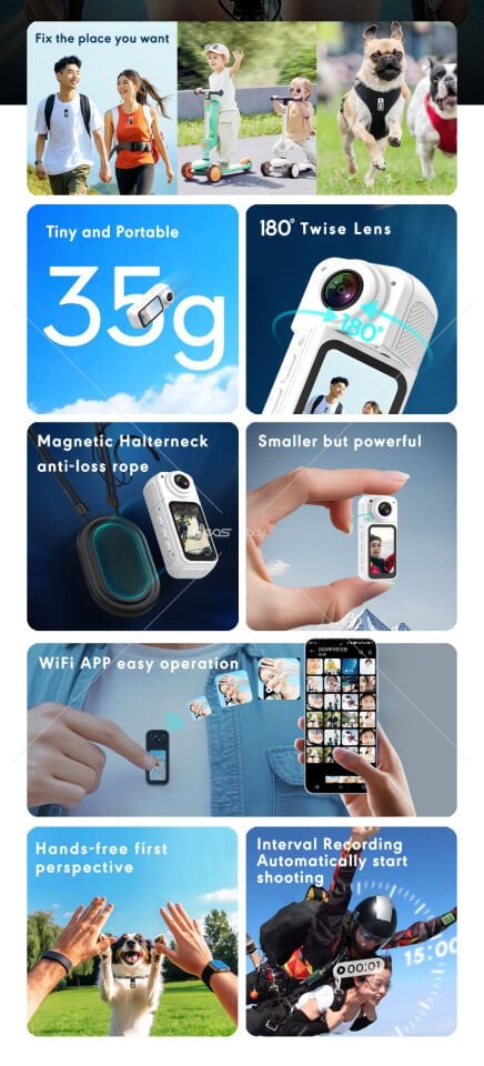 Manyetik başparmak eylem kamera 180 ° rotasyon Video 2.7K HD Video 1.47 HD ekran 35g Ultra hafif taşınabilir
