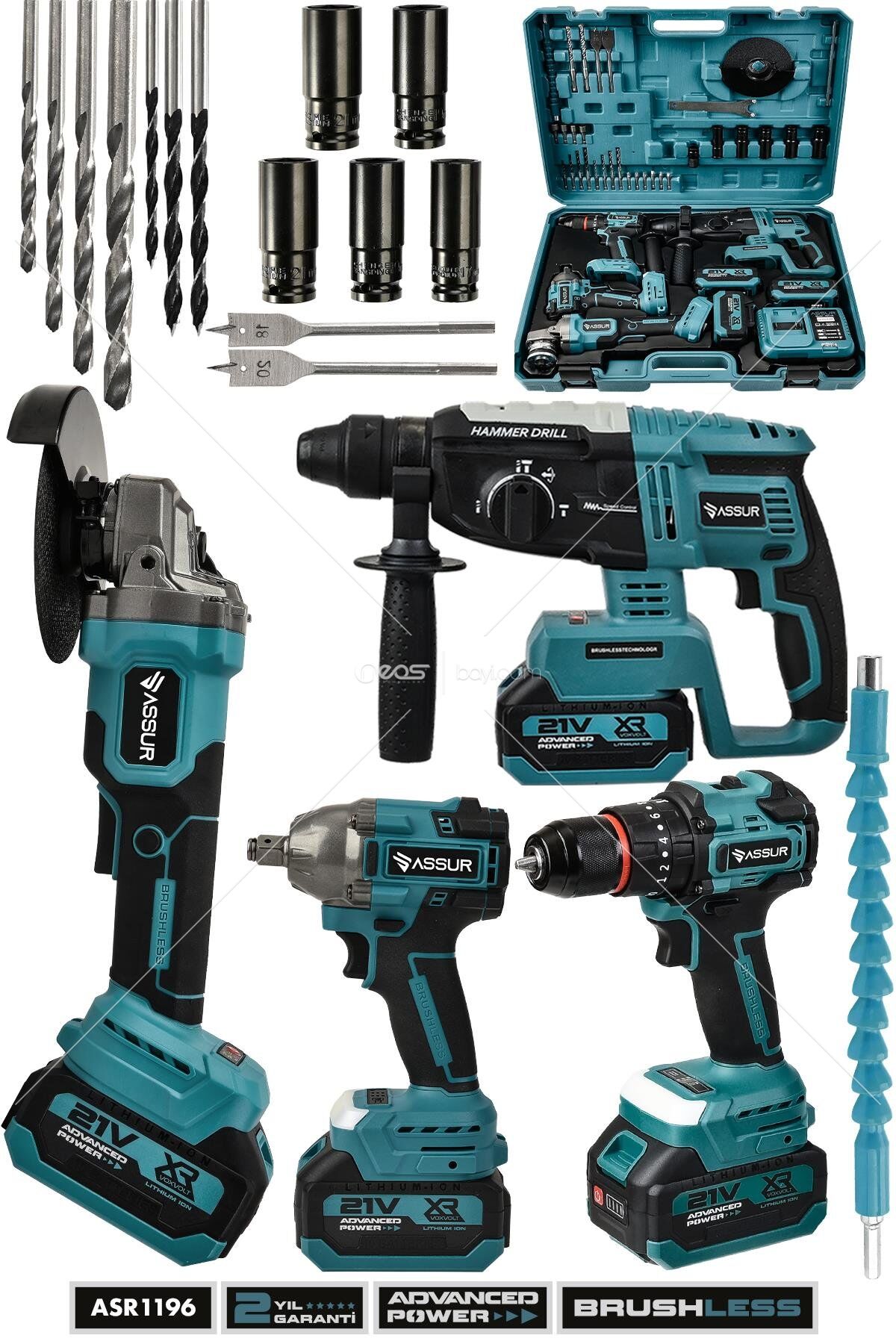 Assur 21V Darbeli Kömürsüz 4'lü Set Taşlama - Somun Sıkma Sökme - Matkap Vidalama - Kırıcı Delici Hilti