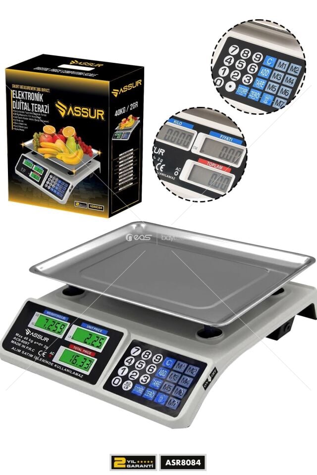Assur 40 Kg Şarjlı Hassas Dijital Terazi Fiyat Hesaplamalı Elektronik Tartı