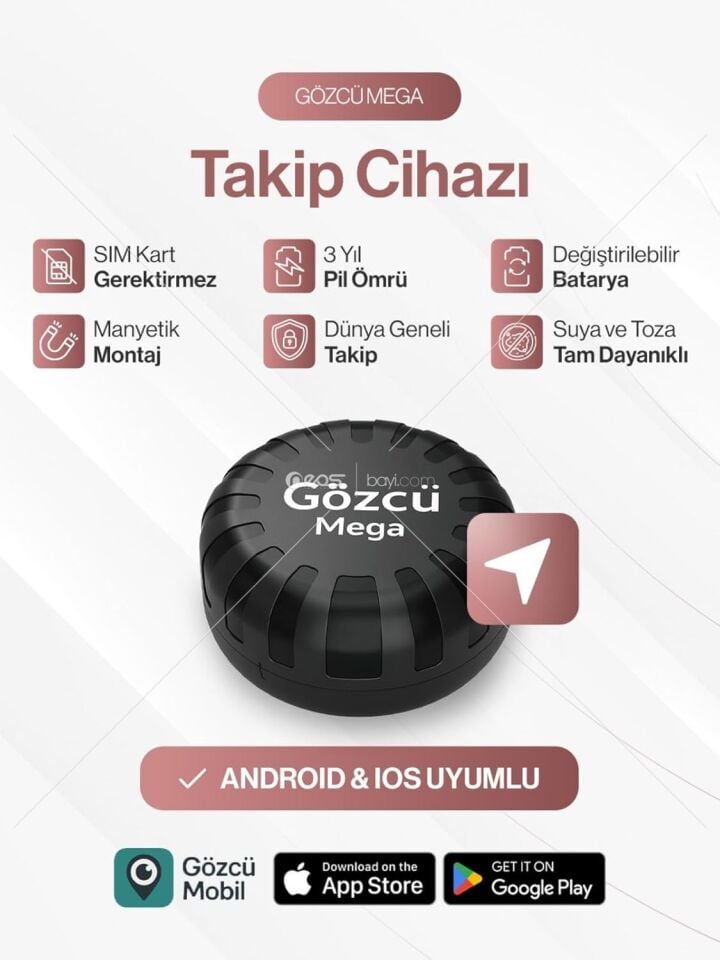 Gözcü Mobil Ios Android Uyumlu Airtag 10/30 Ay Batarya Ömrü Anlık Geçmişe Dönük Konum Gps Araç Motor Çocuk Akıllı Takip Cihazı (Mega)