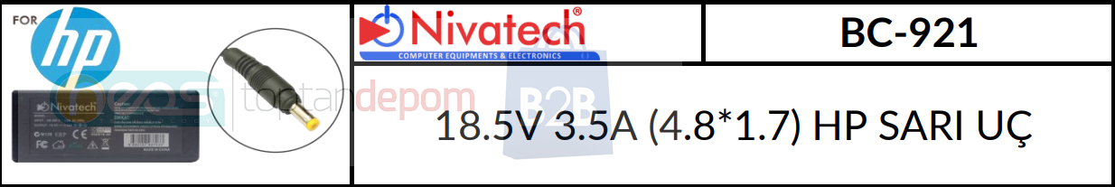 Nivatech 18.5V 3.5A (4.8*1.7) HP SARI UÇ BC-921