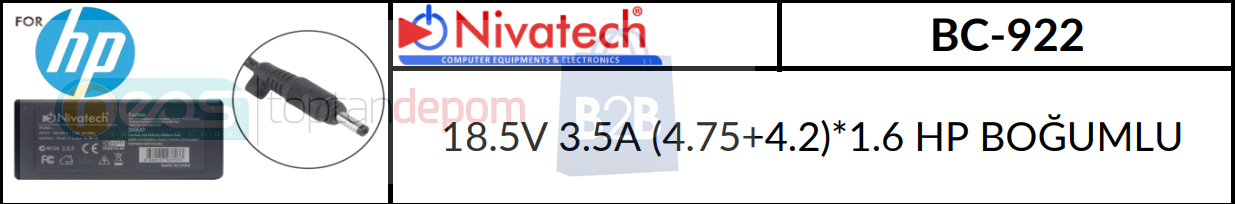 Nivatech 18.5V 3.5A (4.75+4.2)*1.6 HP BOĞUMLU BC-922