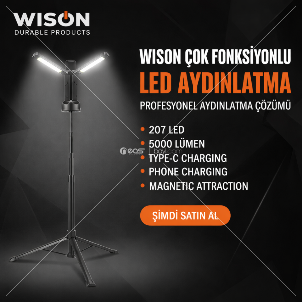 WISON WS 723 SOKAK LAMBASI 207 LED • 5000 Lümen • Type-C Şarj • Telefon Şarj Özelliği • Manyetik Tutunma