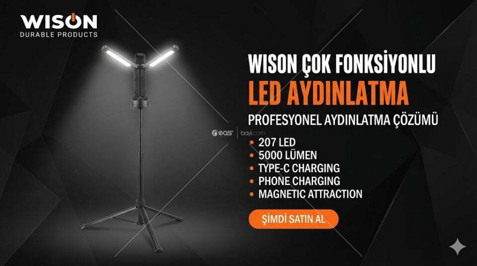 WISON WS 723 SOKAK LAMBASI 207 LED • 5000 Lümen • Type-C Şarj • Telefon Şarj Özelliği • Manyetik Tutunma