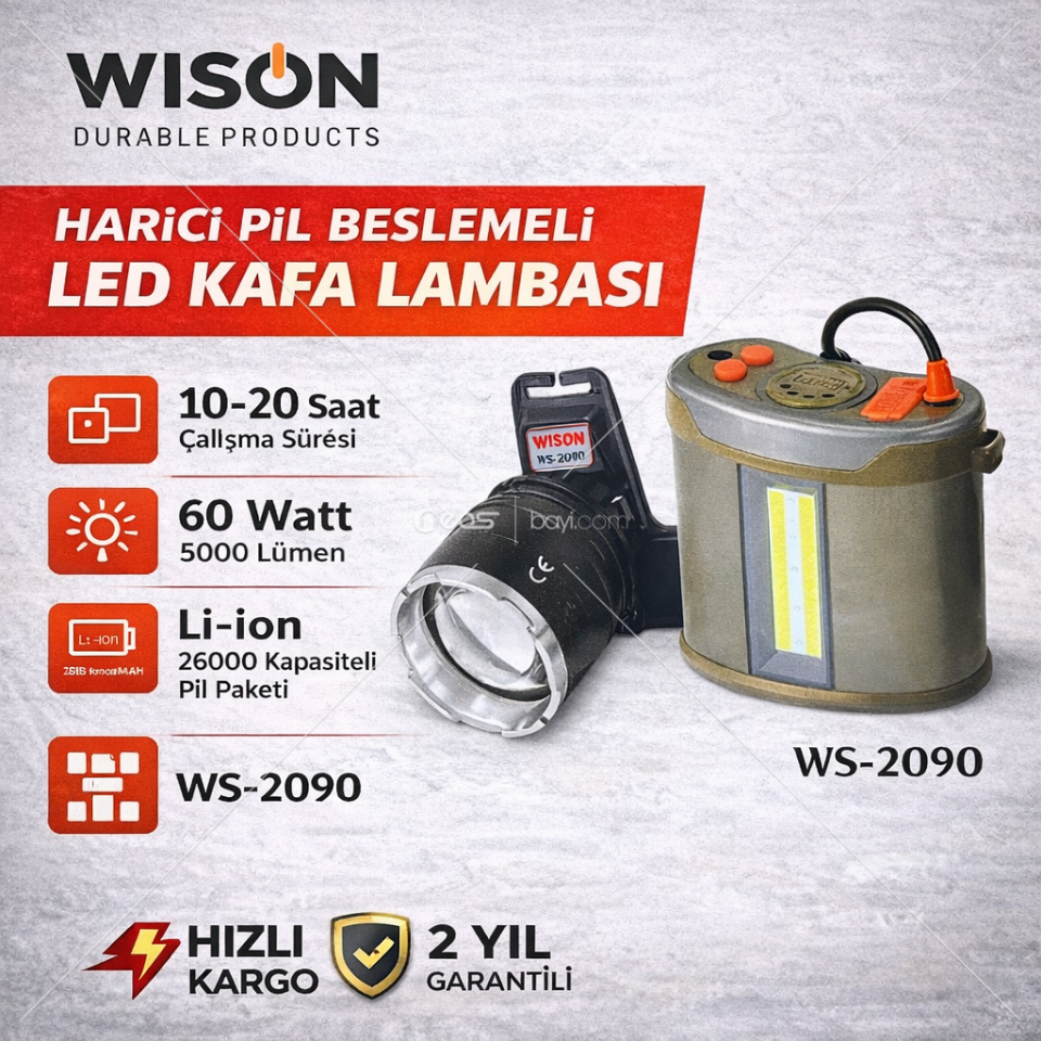 WISON WS-2090 HARİCİ PİL BESLEMELİ LED KAFA LAMBASI 10–20 Saat Çalışma Süresi • 60 Watt • 5000 Lümen • Li-ion 26000 mAh Pil • USB ile Şarj Edilebilir • Hızlı Kargo • 2 Yıl Garantili