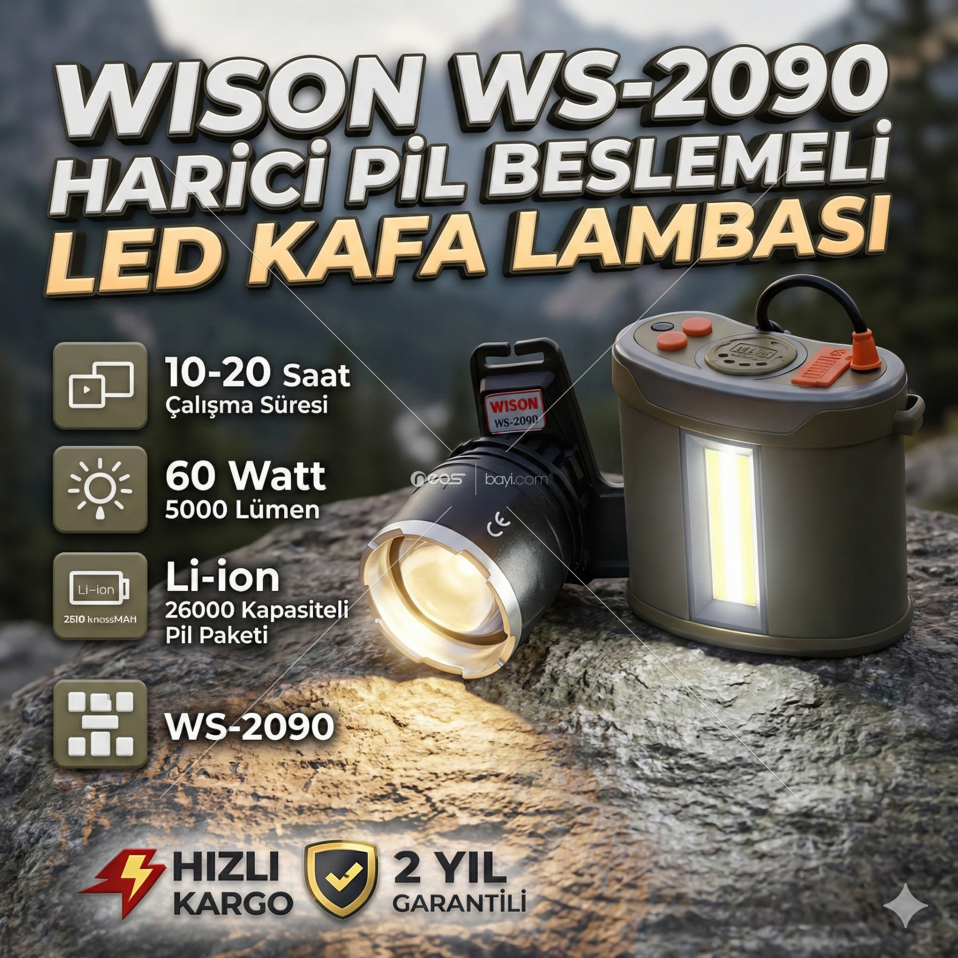 WISON WS-2090 HARİCİ PİL BESLEMELİ LED KAFA LAMBASI 10–20 Saat Çalışma Süresi • 60 Watt • 5000 Lümen • Li-ion 26000 mAh Pil • USB ile Şarj Edilebilir • Hızlı Kargo • 2 Yıl Garantili