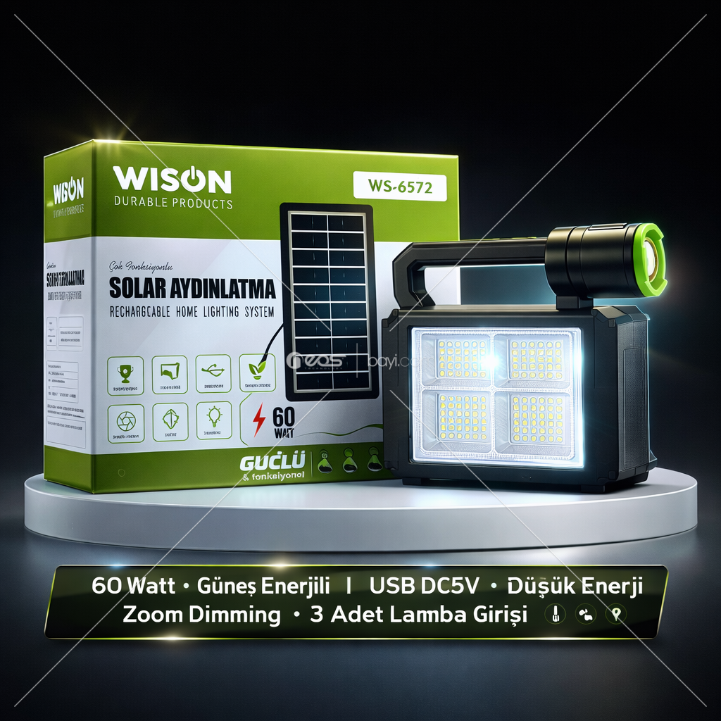 WISON WS 6572 SOLAR AYDINLATMA 60 Watt • Güneş Enerjili • USB DC5V • Düşük Enerji • Zoom Dimming • 3 Adet Lamba Girişi