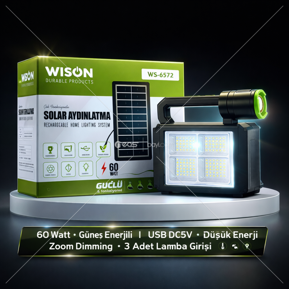 WISON WS 6572 SOLAR AYDINLATMA 60 Watt • Güneş Enerjili • USB DC5V • Düşük Enerji • Zoom Dimming • 3 Adet Lamba Girişi