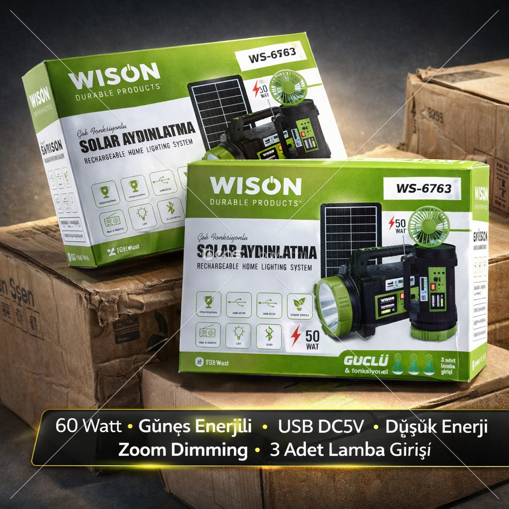 WISON WS 5683 SOLAR AYDINLATMA 50 Watt • Güneş Enerjili • USB DC5V • Düşük Enerji • LED • Bluetooth • 3 Adet Lamba Girişi