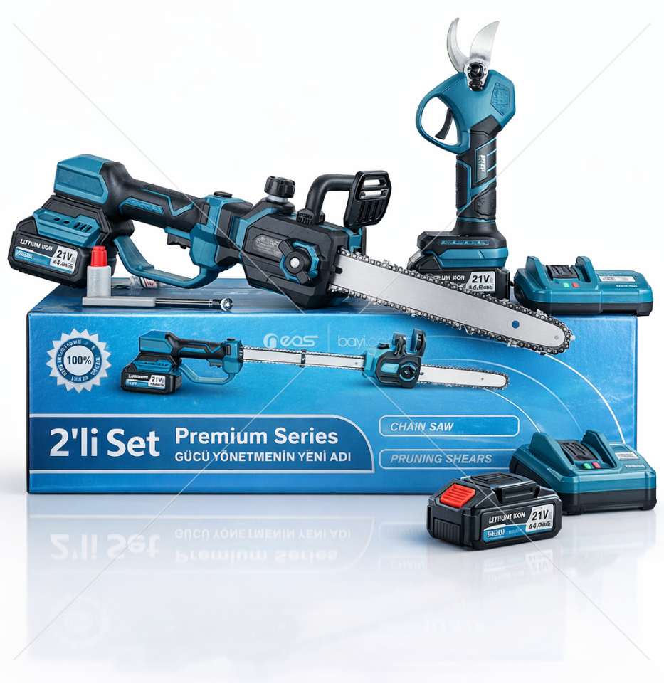 KİMMERPLUS 2Lİ PREMİUM BAHÇE SETİ BUDAMA+TESTERE KÖMÜRSÜZ 10PİLLİ ÇİFT BATARYA + HIZLI ŞARJZ