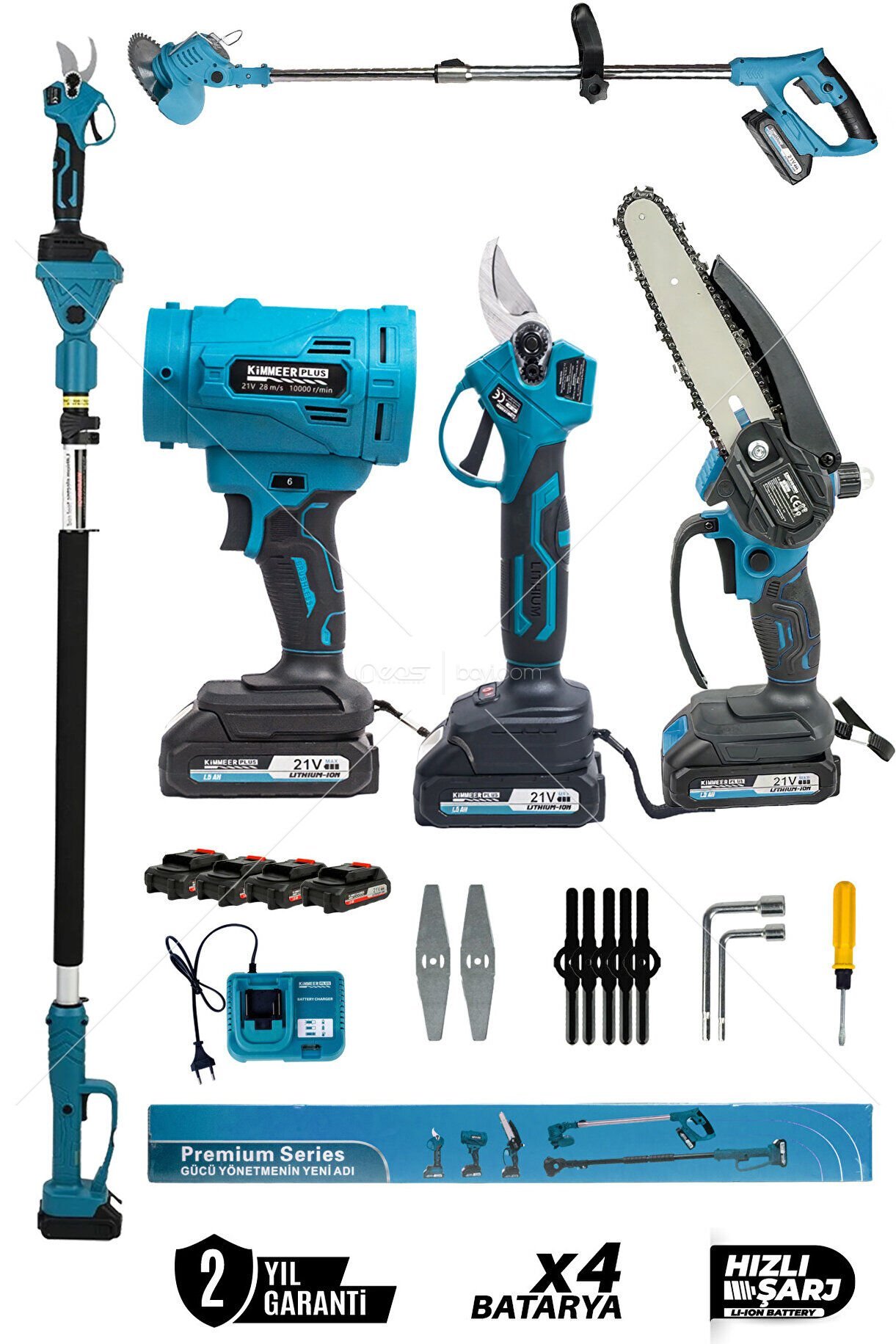 KİMMEER PLUS Profesyonel 5'Li Set Şarjlı Makas Testere Çim Biçme Ve Yaprak Üfleme Teleskopik Kollu