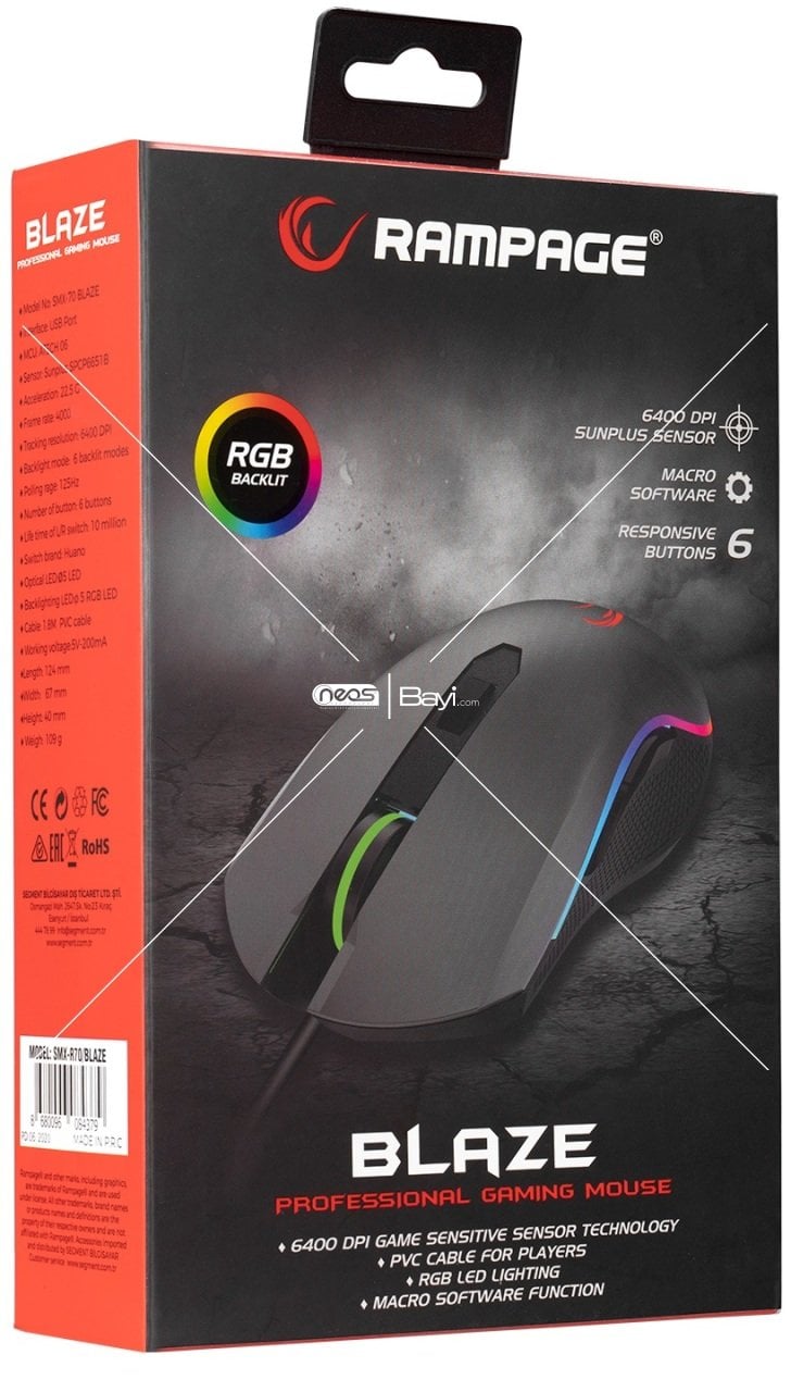 Rampage SMX-R70 BLAZE Usb 6400dpi RGB Macrolu Gaming Oyuncu Mouse