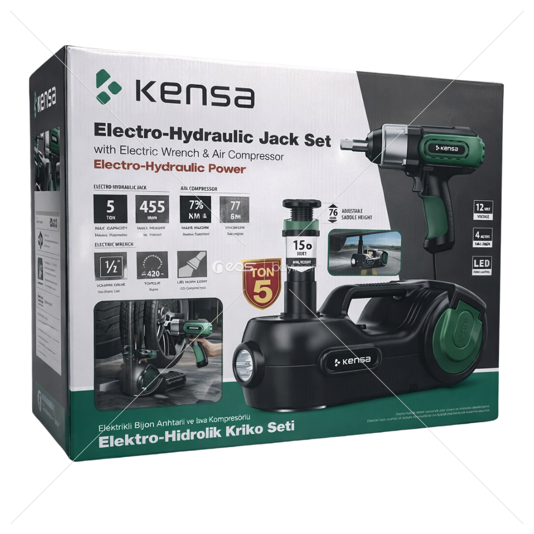 Kensa 5 Ton Electro-Hydraulic Jack Set Elektrikli Kriko Seti Havalı Kompresörlü & Elektrikli Bijon Anahtarlı